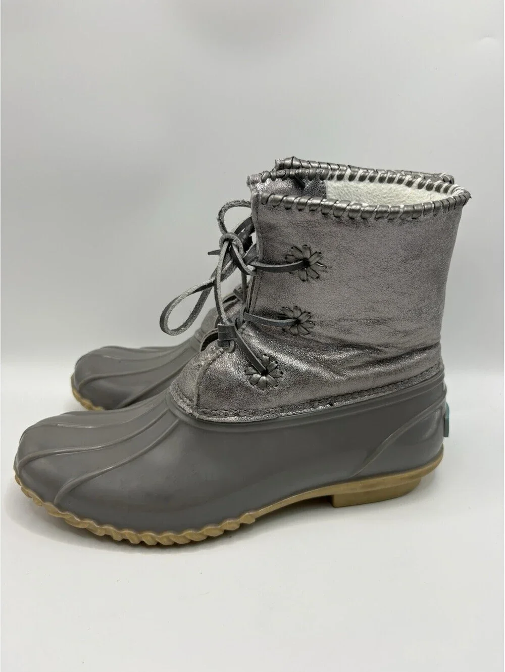 Jack Rogers Womens Hayley Duck Boot Size 8M Gray Silver Lace-Up Rubber Leather